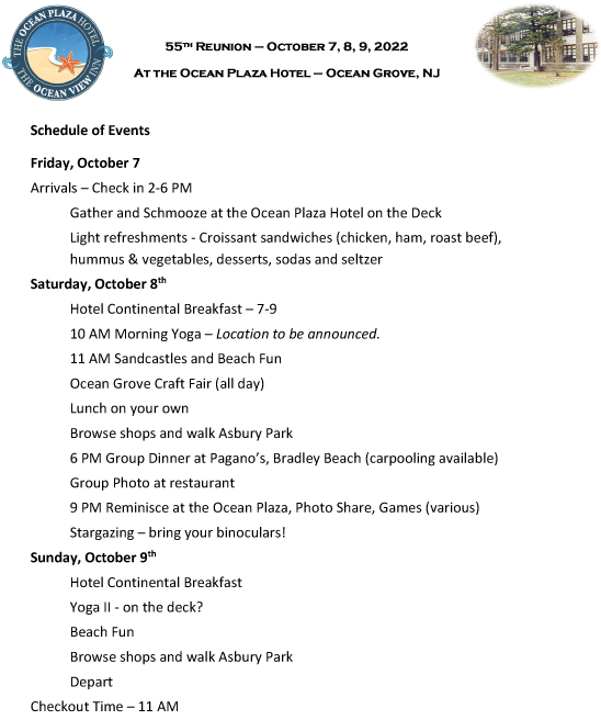 55th Reunion Itinerary